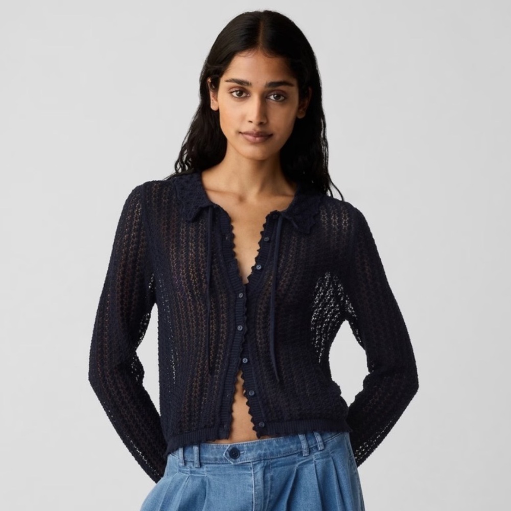 Gap x Doen Pointelle Knit Navy Blue Linen Blend Button Cardigan Sweater
